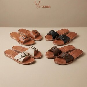 Handmade Moroccan Leather Buckle Sandals for Women, Boho Flat Slide Sandals, Genuine Leather Summer Shoes, Minimalist Artisan Comfort Slides image 11