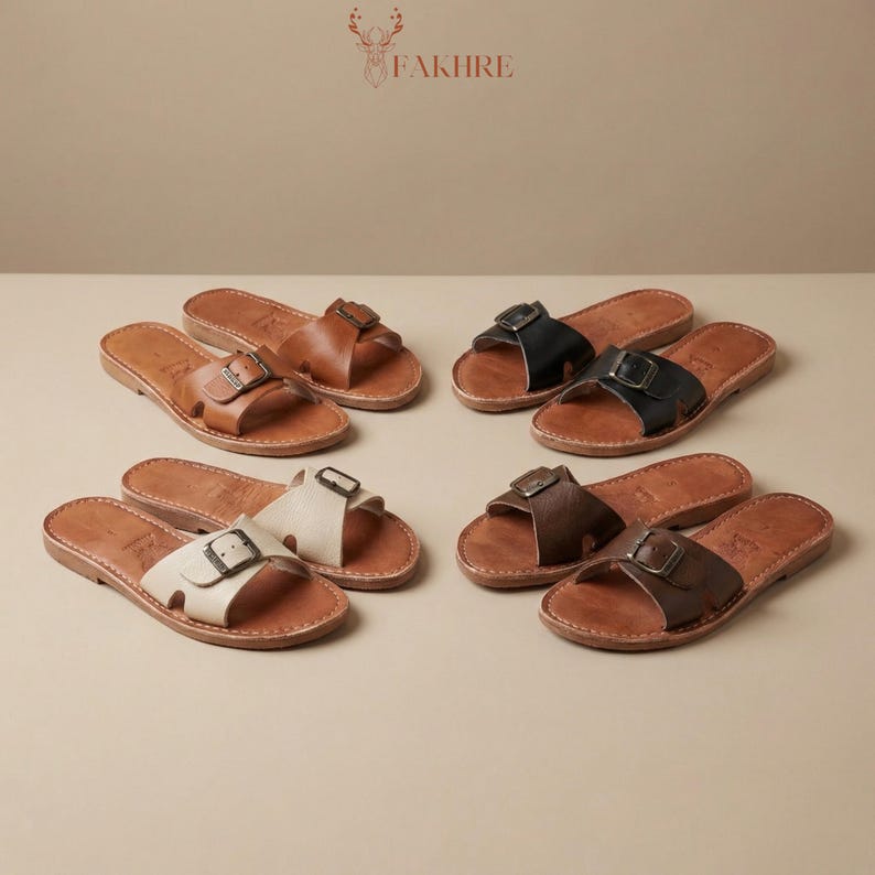 Handmade Moroccan Leather Buckle Sandals for Women, Boho Flat Slide Sandals, Genuine Leather Summer Shoes, Minimalist Artisan Comfort Slides image 11