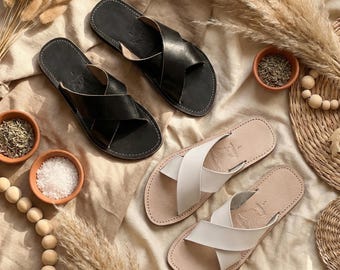 Sandali in pelle marocchina fatti a mano per donna - Ciabatte piatte con cinturino incrociato - Scarpe estive boho minimaliste - Vera pelle di vacchetta