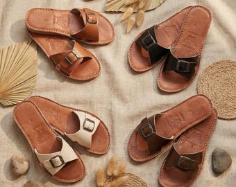 Sandalias de cuero marroquí hechas a mano con hebilla para mujer, sandalias planas estilo bohemio, zapatos de verano de cuero genuino, sandalias minimalistas artesanales y cómodas.