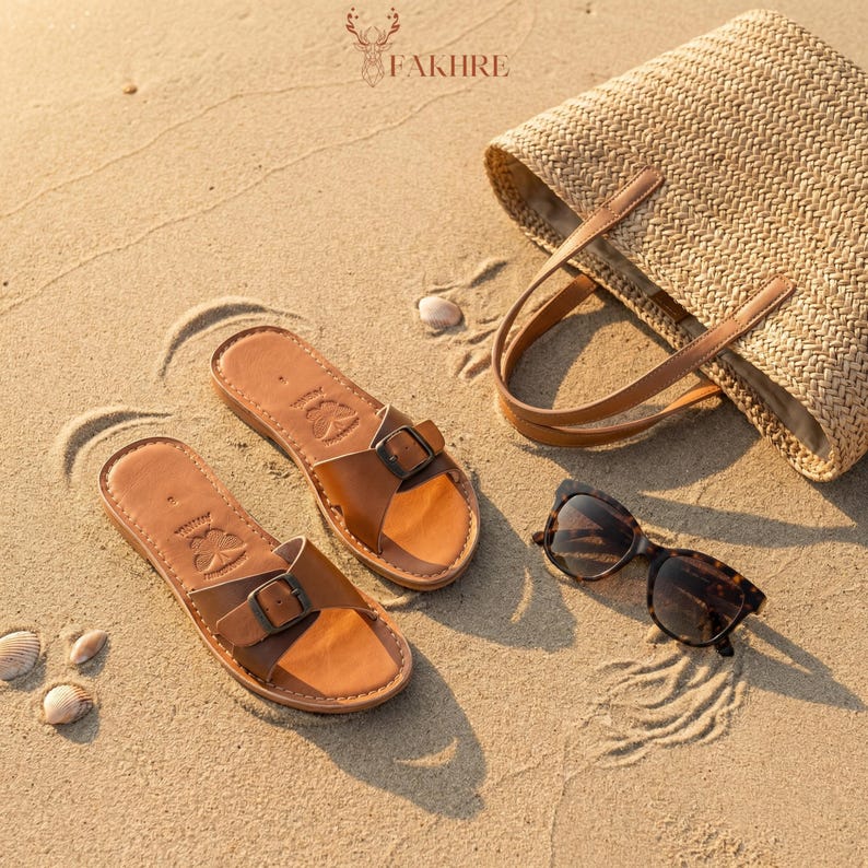 Handmade Moroccan Leather Buckle Sandals for Women, Boho Flat Slide Sandals, Genuine Leather Summer Shoes, Minimalist Artisan Comfort Slides image 8