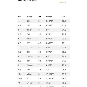 Puede incluir: Una tabla de tallas de zapatos para mujer, con tallas de EE. UU., Euro y Reino Unido, junto con medidas en pulgadas y cent&iacute;metros. La tabla incluye tallas desde la US 4 (20,8 cm) hasta la US 11,5 (27,1 cm). La marca "FAKHRE" est&aacute; en la parte superior.