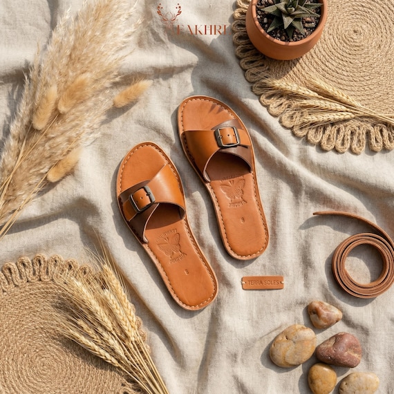 Handmade Moroccan Leather Buckle Sandals for Women, Boho Flat Slide Sandals, Genuine Leather Summer Shoes, Minimalist Artisan Comfort Slides
