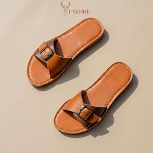 Handmade Moroccan Leather Buckle Sandals for Women, Boho Flat Slide Sandals, Genuine Leather Summer Shoes, Minimalist Artisan Comfort Slides image 12