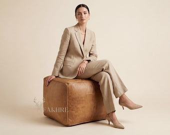 Large Square Moroccan Tan Leather Pouf - Cognac Cube Ottoman - Custom XL Floor Seating - Handmade Tan Leather Footstool - Quiet Luxury Decor