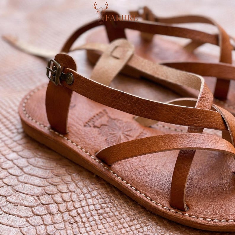 Handmade Moroccan Leather Gladiator Sandals for Women, Boho Flat Ankle Strap Sandals,Genuine Leather Summer Shoes,Minimalist Artisan Sandals image 5