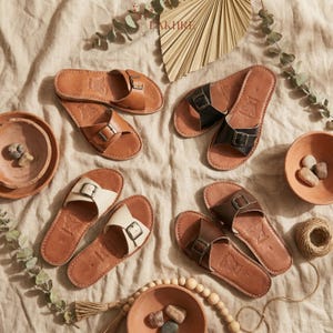 Handmade Moroccan Leather Buckle Sandals for Women, Boho Flat Slide Sandals, Genuine Leather Summer Shoes, Minimalist Artisan Comfort Slides image 9