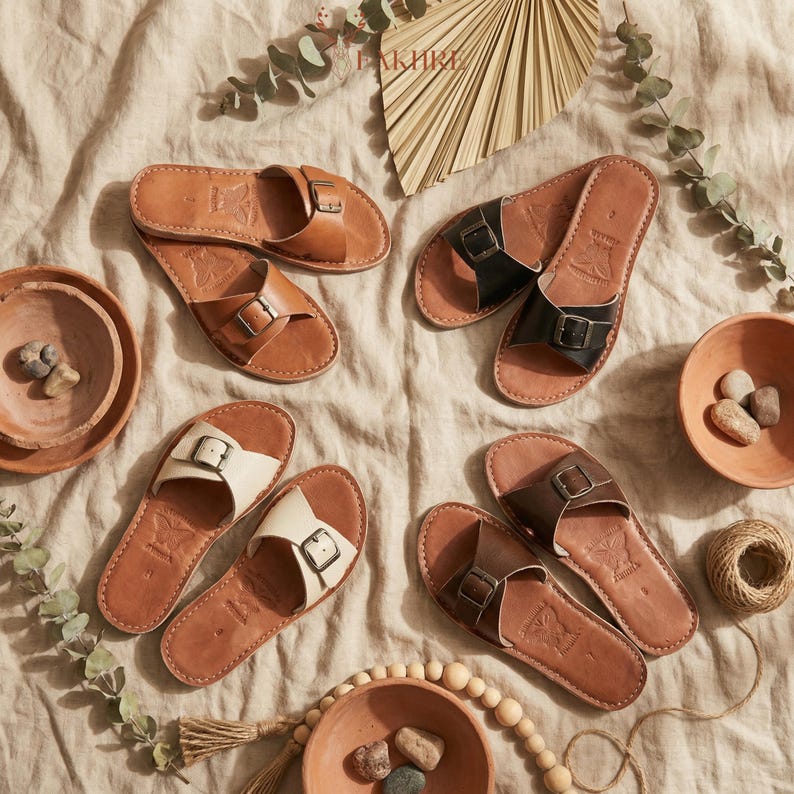 Handmade Moroccan Leather Buckle Sandals for Women, Boho Flat Slide Sandals, Genuine Leather Summer Shoes, Minimalist Artisan Comfort Slides image 9