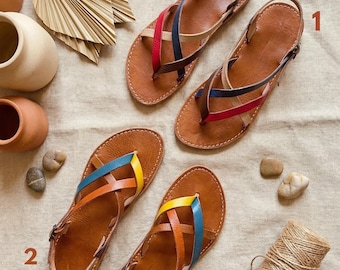 Handmade Moroccan Leather Sandals for Women – Multicolor Strap Flat Sandals, Ankle Strap Summer Leather Shoes, Boho Minimalist sandals