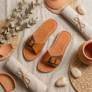 Handmade Moroccan Leather Buckle Sandals for Women, Boho Flat Slide Sandals, Genuine Leather Summer Shoes, Minimalist Artisan Comfort Slides image 7