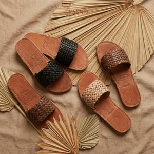 Handmade Moroccan Leather Sandals for Women, Woven Leather Sandals, Boho Flat Slide Sandals, Genuine Leather Summer Shoes, Comfort Slip-On