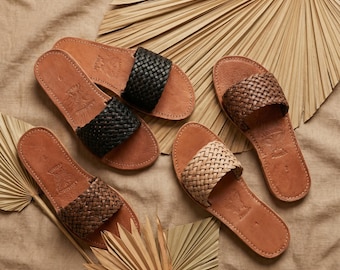 Handmade Moroccan Leather Sandals for Women, Woven Leather Sandals, Boho Flat Slide Sandals, Genuine Leather Summer Shoes, Comfort Slip-On