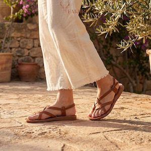 Handmade Moroccan Leather Gladiator Sandals for Women, Boho Flat Ankle Strap Sandals,Genuine Leather Summer Shoes,Minimalist Artisan Sandals image 9