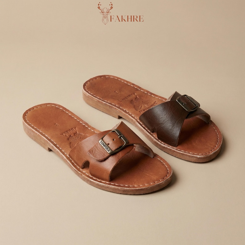 Handmade Moroccan Leather Buckle Sandals for Women, Boho Flat Slide Sandals, Genuine Leather Summer Shoes, Minimalist Artisan Comfort Slides image 10