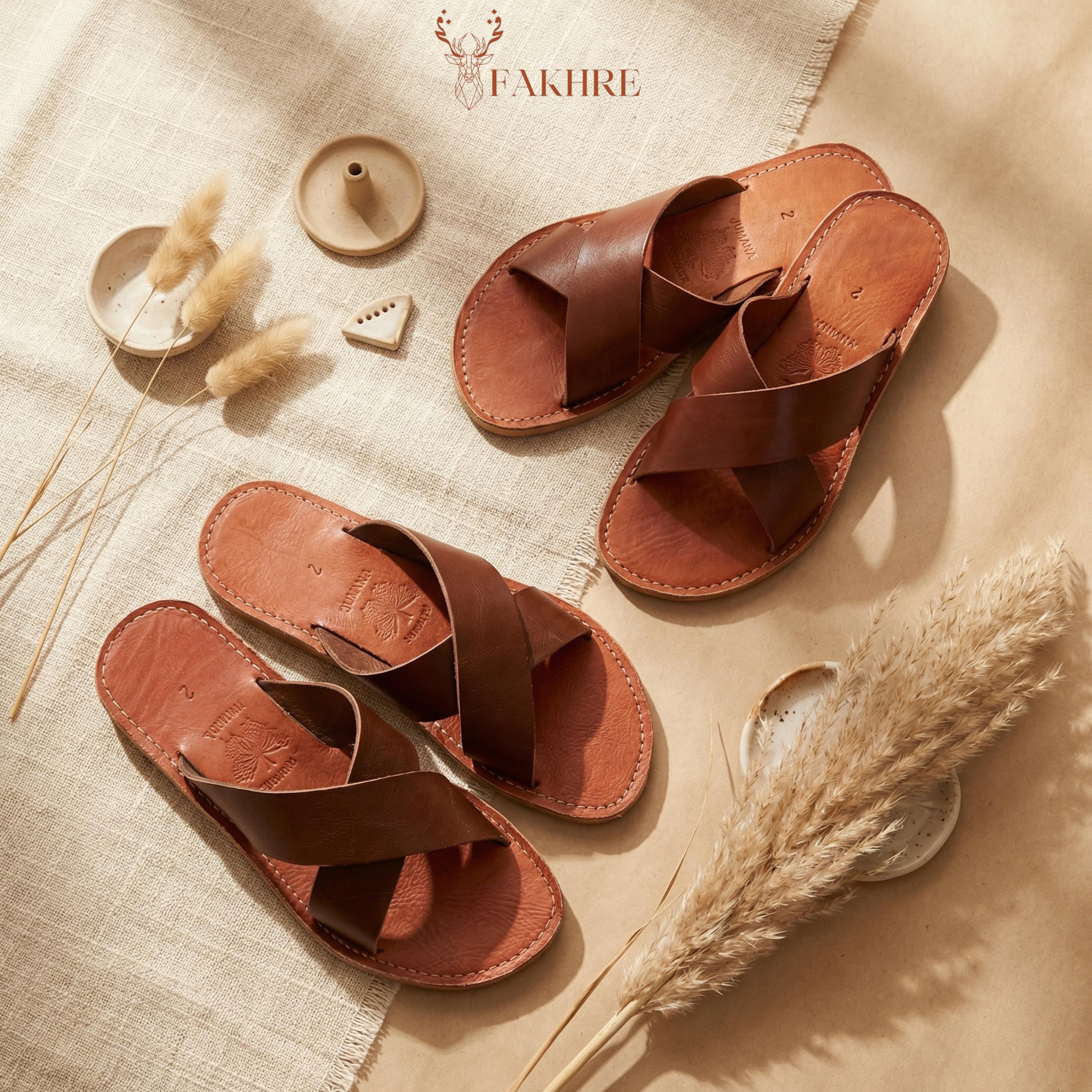 Handmade Moroccan Warm Brown Leather Slide Sandals – Criss Cross
