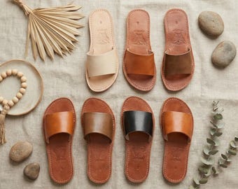 Sandalias de piel marroquí hechas a mano para mujer, sandalias planas minimalistas de verano, zapatos de piel auténtica sin cordones, sandalias bohemias artesanales cómodas.