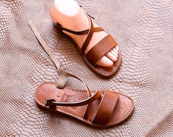 Sandali in pelle marocchina fatti a mano per donna, sandali bassi Boho con cinturino alla caviglia, scarpe estive minimaliste in vera pelle, sandali artigianali marroni