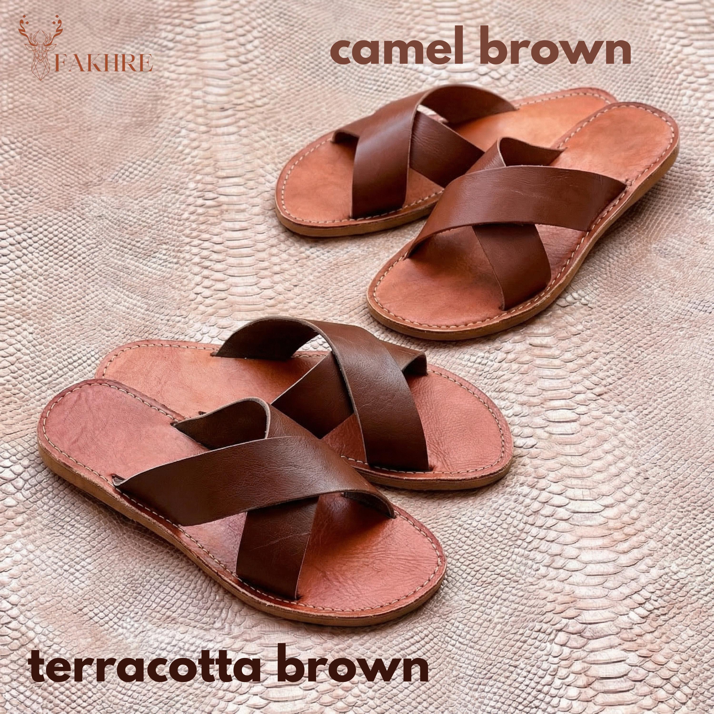 Handmade Moroccan Warm Brown Leather Slide Sandals – Criss Cross