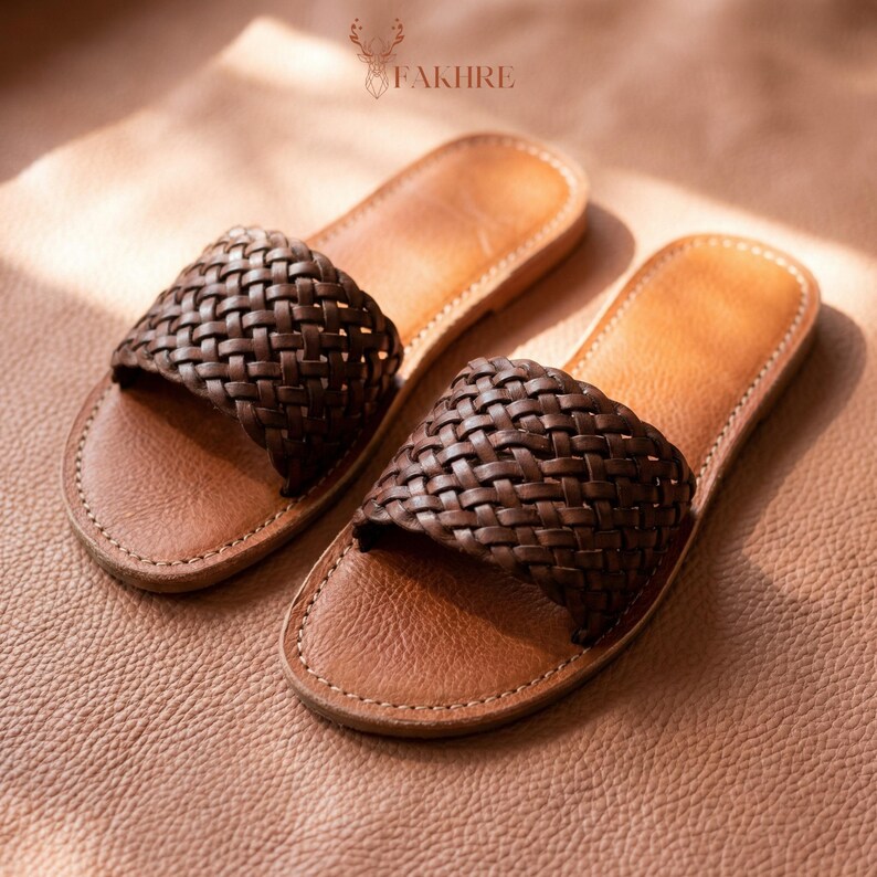 Sandalias de piel tejidas a mano para mujer, pantuflas marroquíes de piel trenzada, sandalias planas minimalistas de verano, piel auténtica artesanal. imagen 6