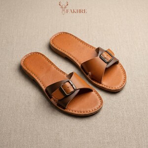 Handmade Moroccan Leather Buckle Sandals for Women, Boho Flat Slide Sandals, Genuine Leather Summer Shoes, Minimalist Artisan Comfort Slides image 2