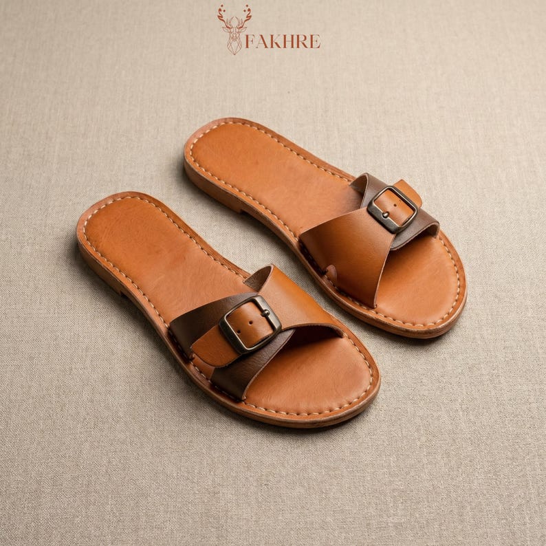 Handmade Moroccan Leather Buckle Sandals for Women, Boho Flat Slide Sandals, Genuine Leather Summer Shoes, Minimalist Artisan Comfort Slides image 2
