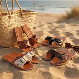 Handmade Moroccan Leather Buckle Sandals for Women, Boho Flat Slide Sandals, Genuine Leather Summer Shoes, Minimalist Artisan Comfort Slides image 5