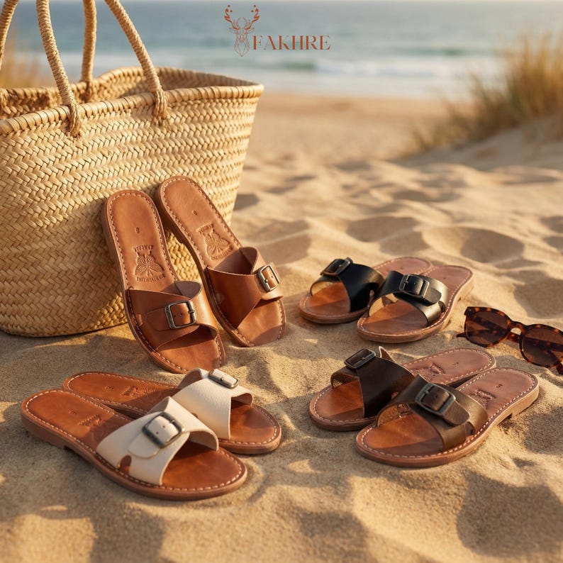 Handmade Moroccan Leather Buckle Sandals for Women, Boho Flat Slide Sandals, Genuine Leather Summer Shoes, Minimalist Artisan Comfort Slides image 5