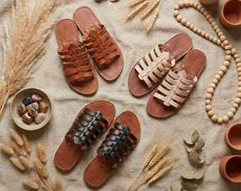 Sandales en cuir tressé marocaines faites main pour femme, sandales spartiates bohèmes cage, claquettes d'été plates en cuir véritable, chaussures minimalistes artisanales