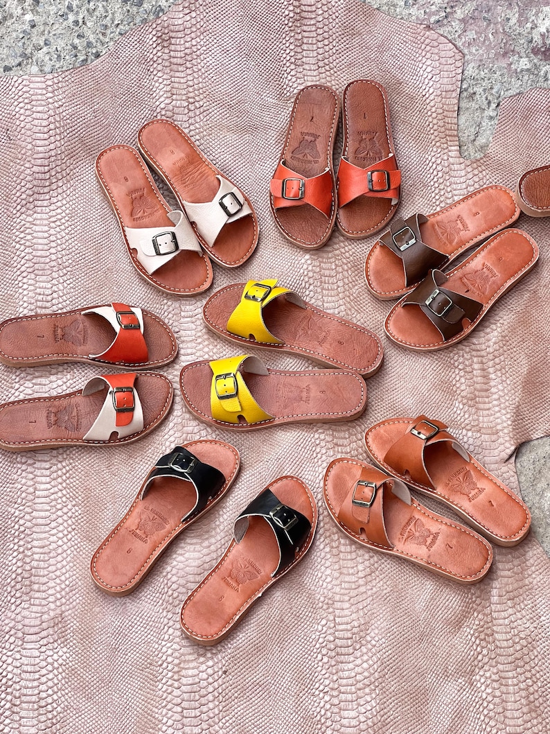 Handmade Moroccan Leather Buckle Sandals for Women, Boho Flat Slide Sandals, Genuine Leather Summer Shoes, Minimalist Artisan Comfort Slides image 13