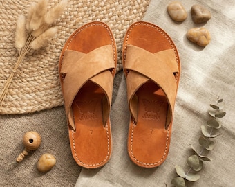 Handmade Moroccan Suede Tan Leather Slide Sandals – Cross Strap Flat Sandals for Women, Tan Minimalist Summer Slides, Limited Color Edition