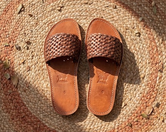 Handmade Woven Leather Slide Sandals for Women, Moroccan Braided Leather Slippers, Minimalist Flat Summer Sandals, Genuine Artisan Leather