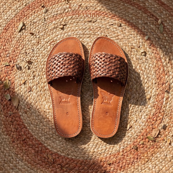 Handmade Woven Leather Slide Sandals for Women, Moroccan Braided Leather Slippers, Minimalist Flat Summer Sandals, Genuine Artisan Leather