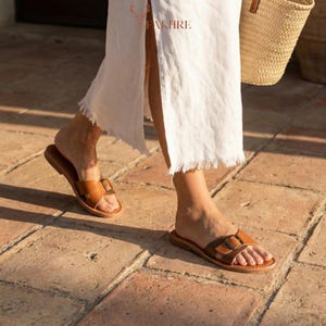 Handmade Moroccan Leather Buckle Sandals for Women, Boho Flat Slide Sandals, Genuine Leather Summer Shoes, Minimalist Artisan Comfort Slides image 3