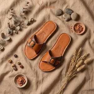 Handmade Moroccan Leather Buckle Sandals for Women, Boho Flat Slide Sandals, Genuine Leather Summer Shoes, Minimalist Artisan Comfort Slides image 10