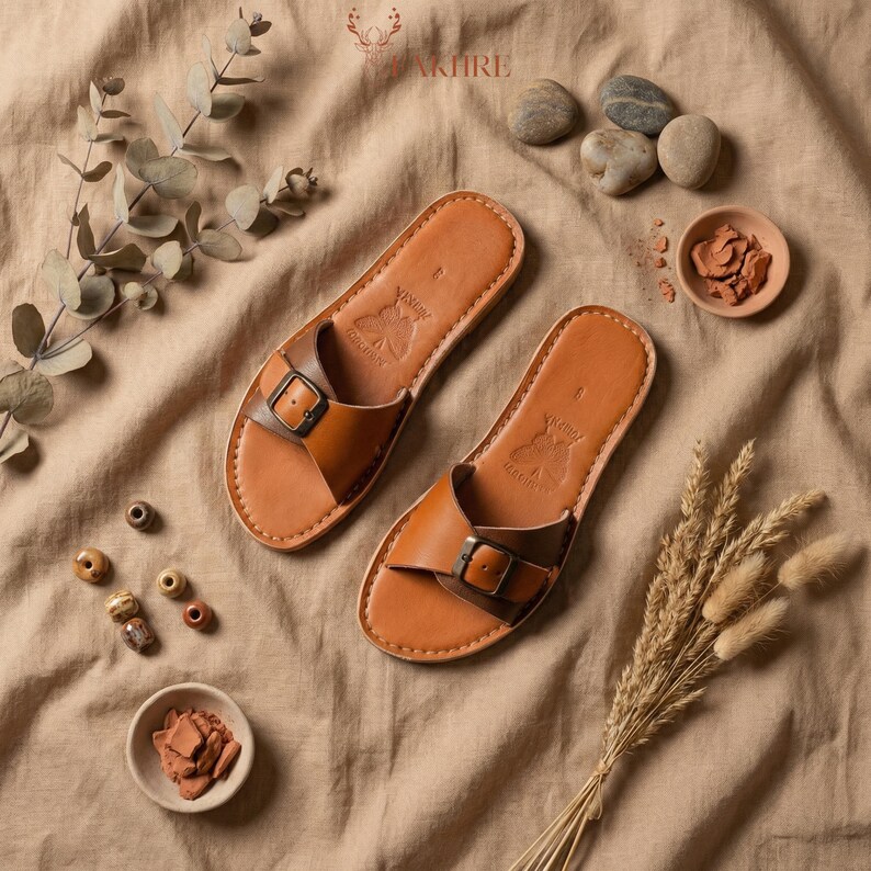 Handmade Moroccan Leather Buckle Sandals for Women, Boho Flat Slide Sandals, Genuine Leather Summer Shoes, Minimalist Artisan Comfort Slides image 10