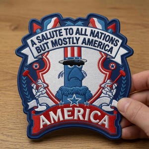Op de afbeelding: Een blauwe, witte en rode geborduurde patch met een blauw vogelpersonage dat een gestreepte hoge hoed draagt. De tekst luidt A SALUTE TO ALL NATIONS BUT MOSTLY AMERICA en AMERICA. Het ontwerp bevat twee witte figuren die rode fakkels vasthouden.