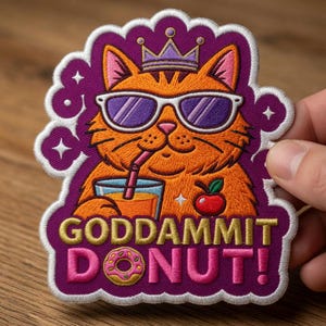 May include: Embroidered patch featuring an orange cat wearing sunglasses and a crown, drinking from a glass with a straw. The patch has the text "GODDAMMIT DONUT!" in gold and pink, with a donut graphic.