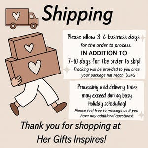 K&ouml;nnte beinhalten: Illustration eines Lieferwagens und einer Person, die Pakete mit Herzsymbolen tr&auml;gt. Das Wort "Shipping" ist in gro&szlig;en Buchstaben geschrieben. Der Text enth&auml;lt "Vielen Dank f&uuml;r Ihren Einkauf bei Her Gifts Inspires!"