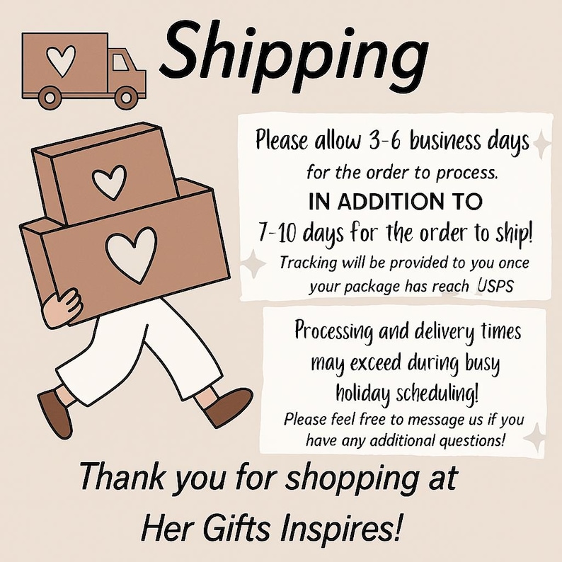 K&ouml;nnte beinhalten: Illustration eines Lieferwagens und einer Person, die Pakete mit Herzsymbolen tr&auml;gt. Das Wort "Shipping" ist in gro&szlig;en Buchstaben geschrieben. Der Text enth&auml;lt "Vielen Dank f&uuml;r Ihren Einkauf bei Her Gifts Inspires!"