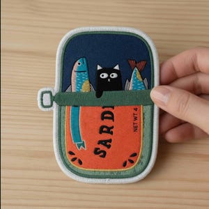 May include: Embroidered patch featuring a black cat peeking out of a sardine can with two fish. The can is orange with the word "SARDI" and a blue and white border. The patch is held by a hand.