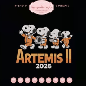 May include: Embroidered design featuring Snoopy characters in orange space suits, with the text "ARTEMIS II 2026" in orange. The design includes the text "NguyenHuongCo embroidery design" and is available in 9 formats.