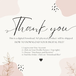 Puede incluir: Gr&aacute;fico de descarga digital con las palabras "Thank you" en escritura cursiva. La imagen incluye instrucciones sobre c&oacute;mo descargar el archivo digital, sobre un fondo de colores suaves y neutros con elementos decorativos.