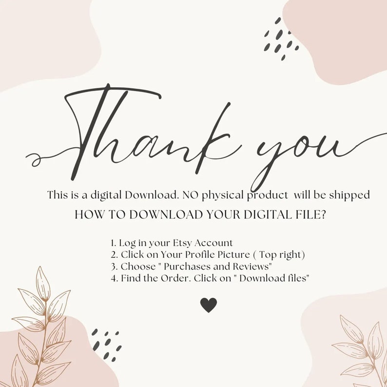 Puede incluir: Gr&aacute;fico de descarga digital con las palabras "Thank you" en escritura cursiva. La imagen incluye instrucciones sobre c&oacute;mo descargar el archivo digital, sobre un fondo de colores suaves y neutros con elementos decorativos.