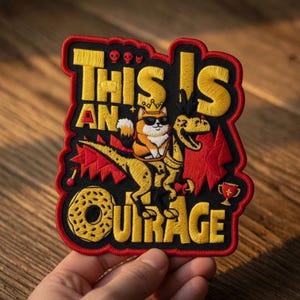 May include: Embroidered patch with the words "THIS IS AN OURAGE" in yellow, outlined in black, and a red border. The patch features a cartoon fox wearing sunglasses and a crown, riding a dinosaur.