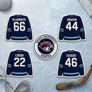 May include: Embroidered patches showing navy blue hockey jerseys with white numbers and names. The jerseys are labelled with the names Di Laurentis, Graham, Logan, and Tucker. A Briar University Hawks logo patch is also included.