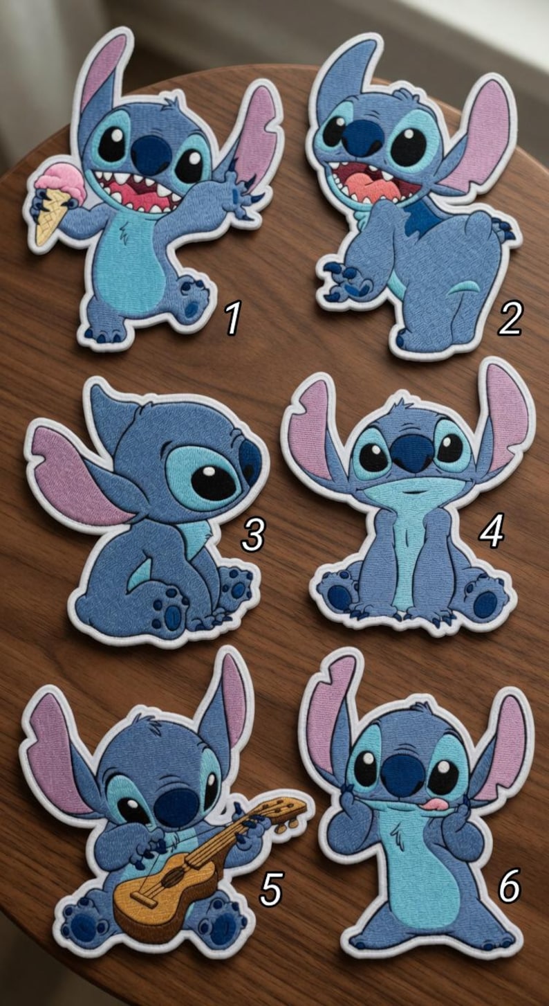 May include: Set of six embroidered patches featuring the character Stitch from Lilo & Stitch. Each patch showcases Stitch in various poses, with blue and pink color schemes. One patch holds ice cream, another plays a guitar.