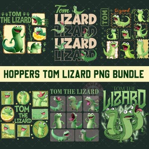 Puede incluir: Un paquete de arte digital con el personaje "Tom the Lizard" en varias poses y diseños. La imagen incluye el texto "Tom Lizard" y "Hoppers Tom Lizard PNG Bundle" en una combinación de colores verde y blanco, sobre un fondo verde oscuro.