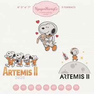 May include: An embroidery design featuring Snoopy in an astronaut suit, holding Woodstock, with hearts and the text "ARTEMIS II 2026". Includes Snoopy characters in orange space suits and a rocket ship.