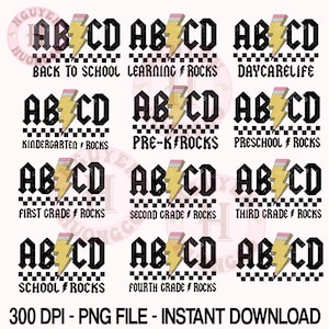 ABCD Teachers Pencil Lightning Bolt Back To School PNG Designs Bundle, Gift for Teacher, Teacher Life Png, Daycare Life, Learning Rocks Png