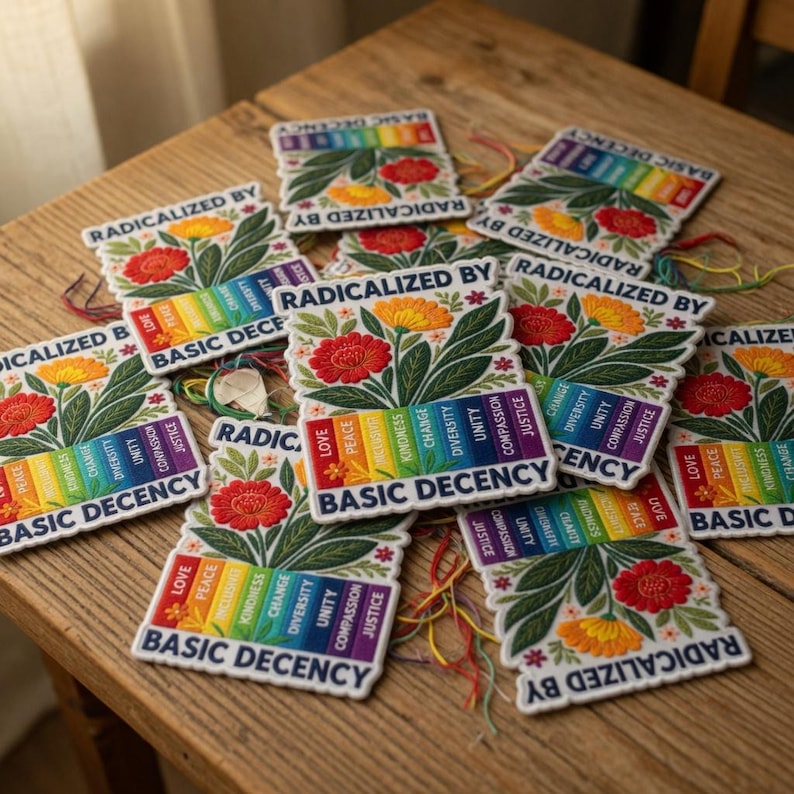 Puede incluir: Un conjunto de parches bordados con dise&ntilde;os florales y el texto "RADICALIZED BY BASIC DECENCY". Cada parche presenta una barra de color arco&iacute;ris con palabras como "LOVE", "PEACE" y "JUSTICE". Los parches est&aacute;n sobre una superficie de madera.